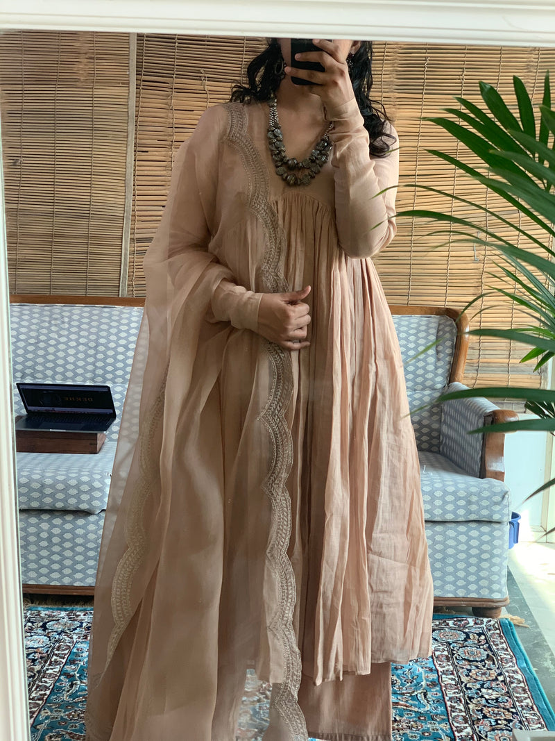 Beige anarkali with Embroidered dupatta set of 3 – Hasli India