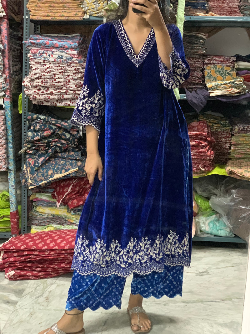 Electric Blue Velvet Kurta Set of 2 Hasli India Electric Blue Velvet Kurta Set of 2 Hasli India