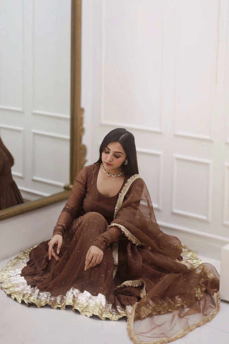 Brown Mul Chanderi Anarkali with churi sleeves Set of 3