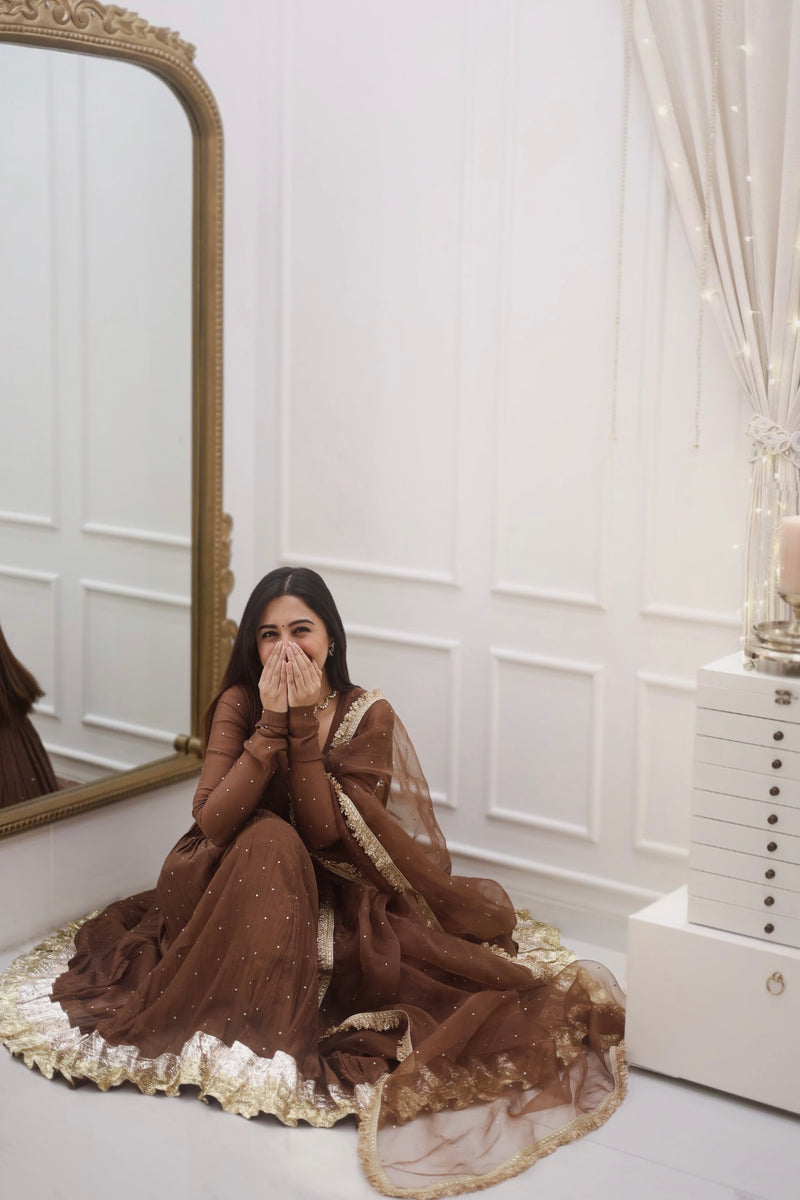 Brown Mul Chanderi Anarkali with churi sleeves Set of 3