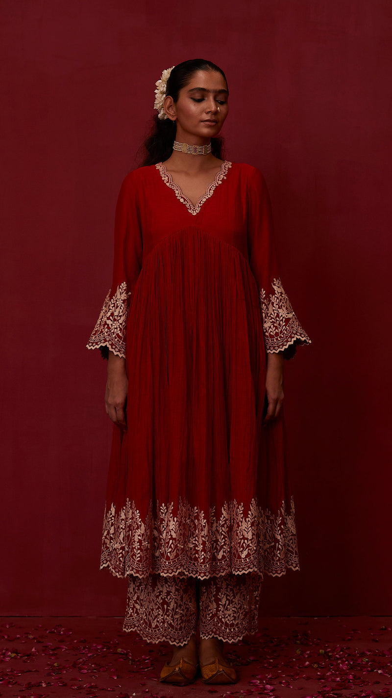 Bright Red embroidered Anarkali set of 3