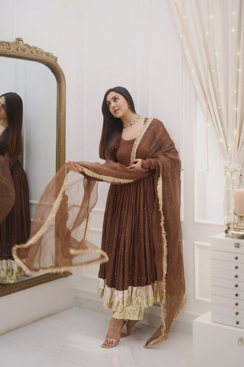 Brown Mul Chanderi Anarkali with churi sleeves Set of 3