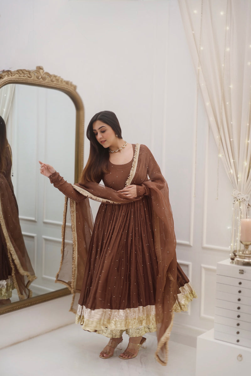 Brown Mul Chanderi Anarkali with churi sleeves Set of 3