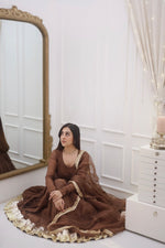 Brown Mul Chanderi Anarkali with churi sleeves Set of 3