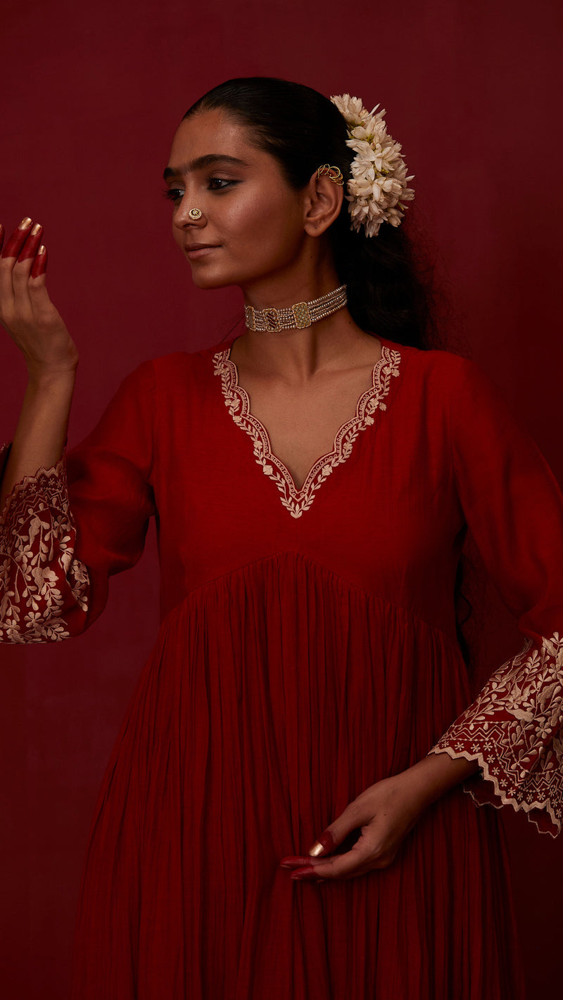 Bright Red embroidered Anarkali set of 3