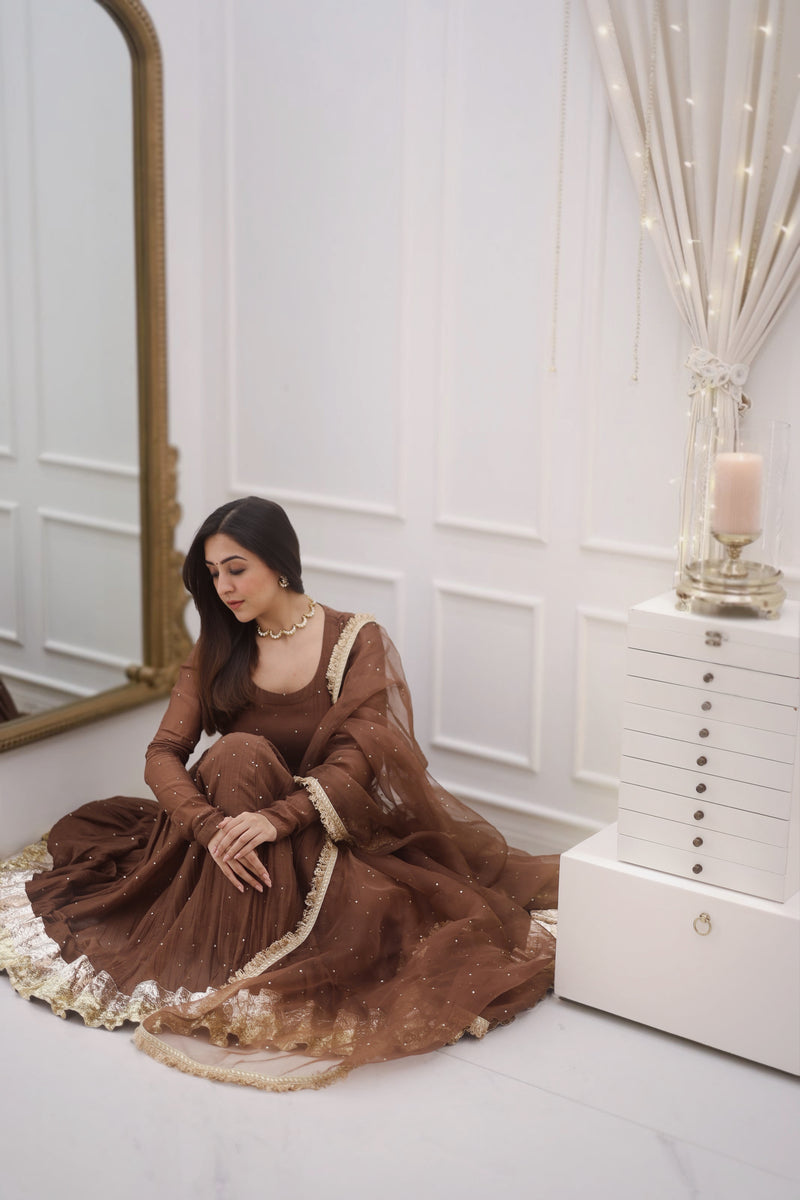 Brown Mul Chanderi Anarkali with churi sleeves Set of 3