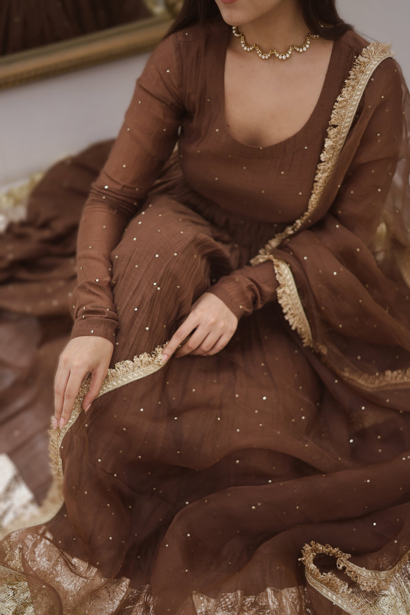 Brown Mul Chanderi Anarkali with churi sleeves Set of 3