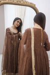 Brown Mul Chanderi Anarkali with churi sleeves Set of 3