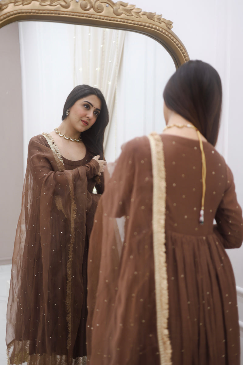 Brown Mul Chanderi Anarkali with churi sleeves Set of 3