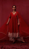 Bright Red embroidered Anarkali set of 3
