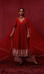 Bright Red embroidered Anarkali set of 3