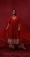 Bright Red embroidered Anarkali set of 3