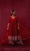 Bright Red embroidered Anarkali set of 3