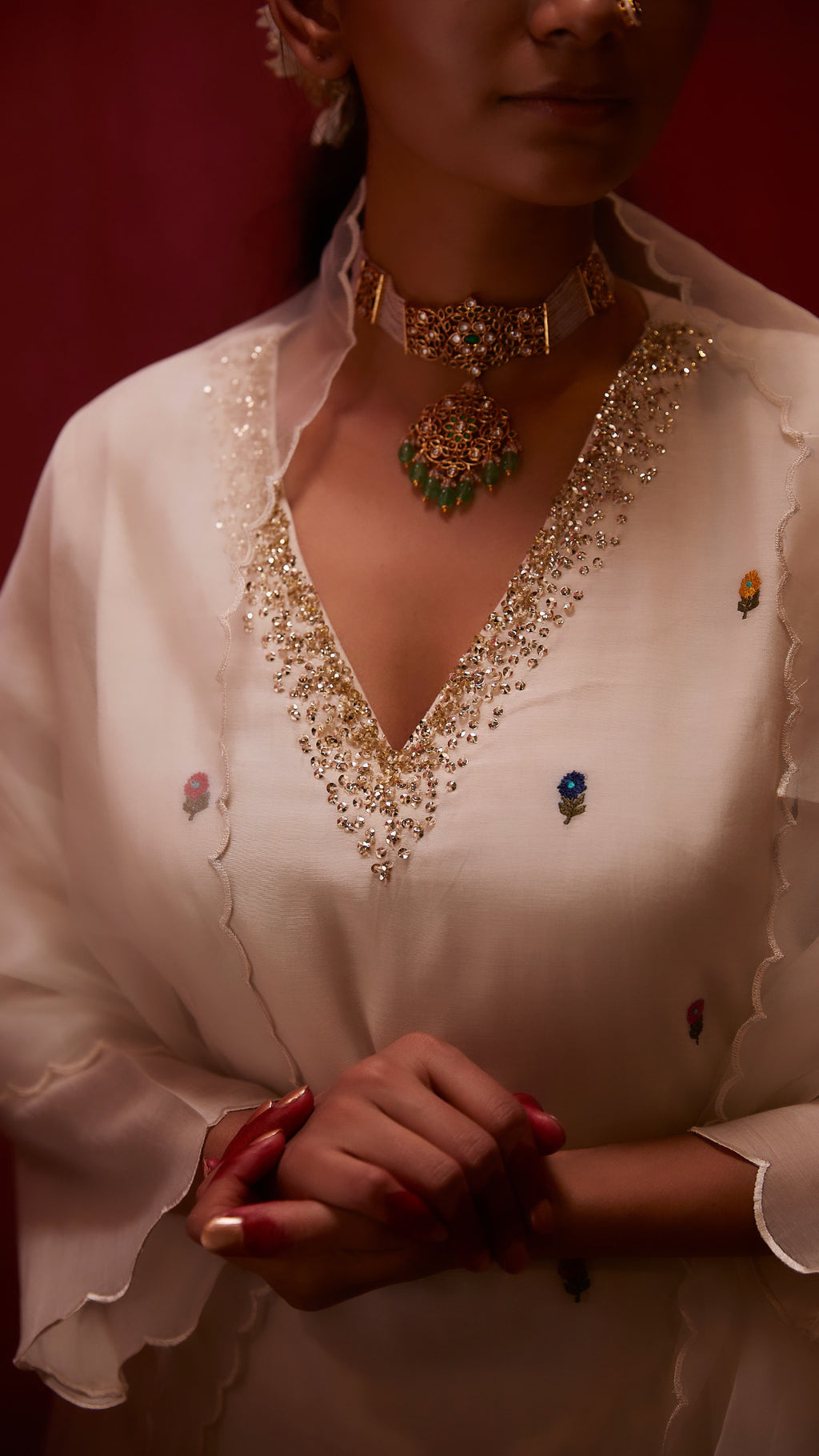 Mul chanderi White embroidered Kurta set of 3