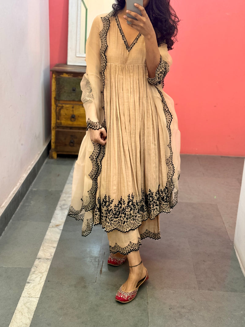 Beige embroidered Anarkali set of 3
