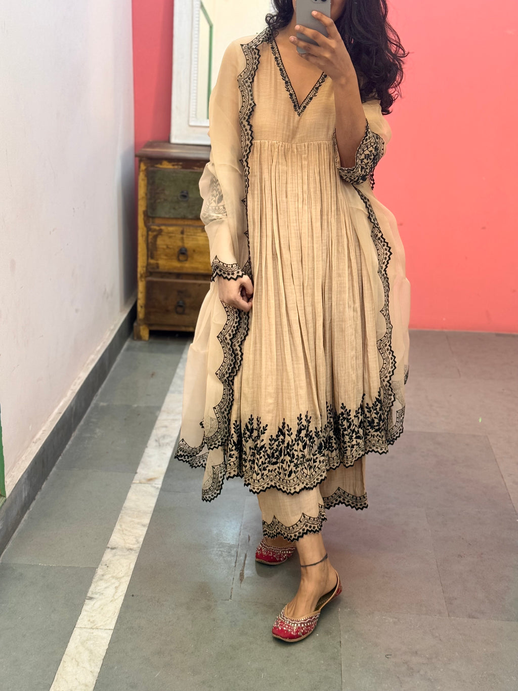 Beige embroidered Anarkali set of 3