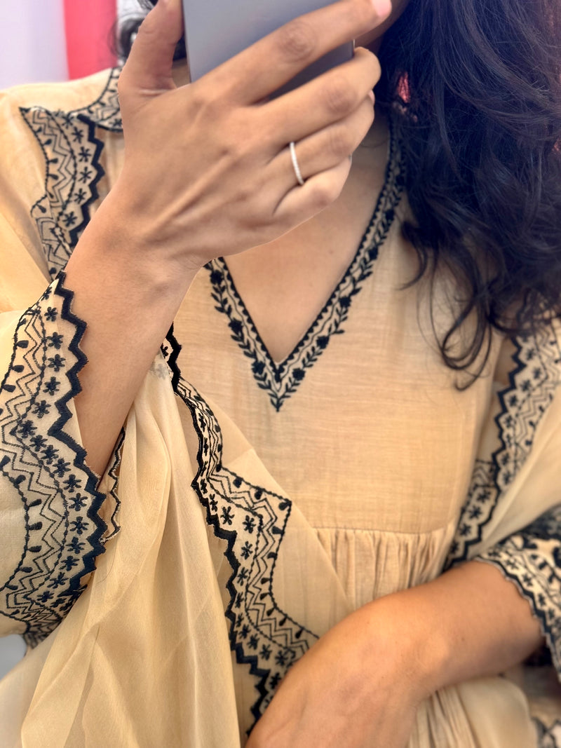 Beige embroidered Anarkali set of 3