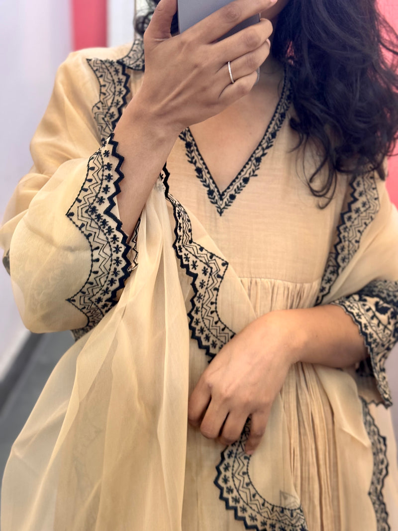 Beige embroidered Anarkali set of 3