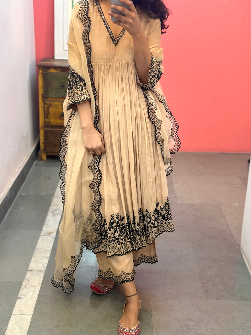Beige embroidered Anarkali set of 3