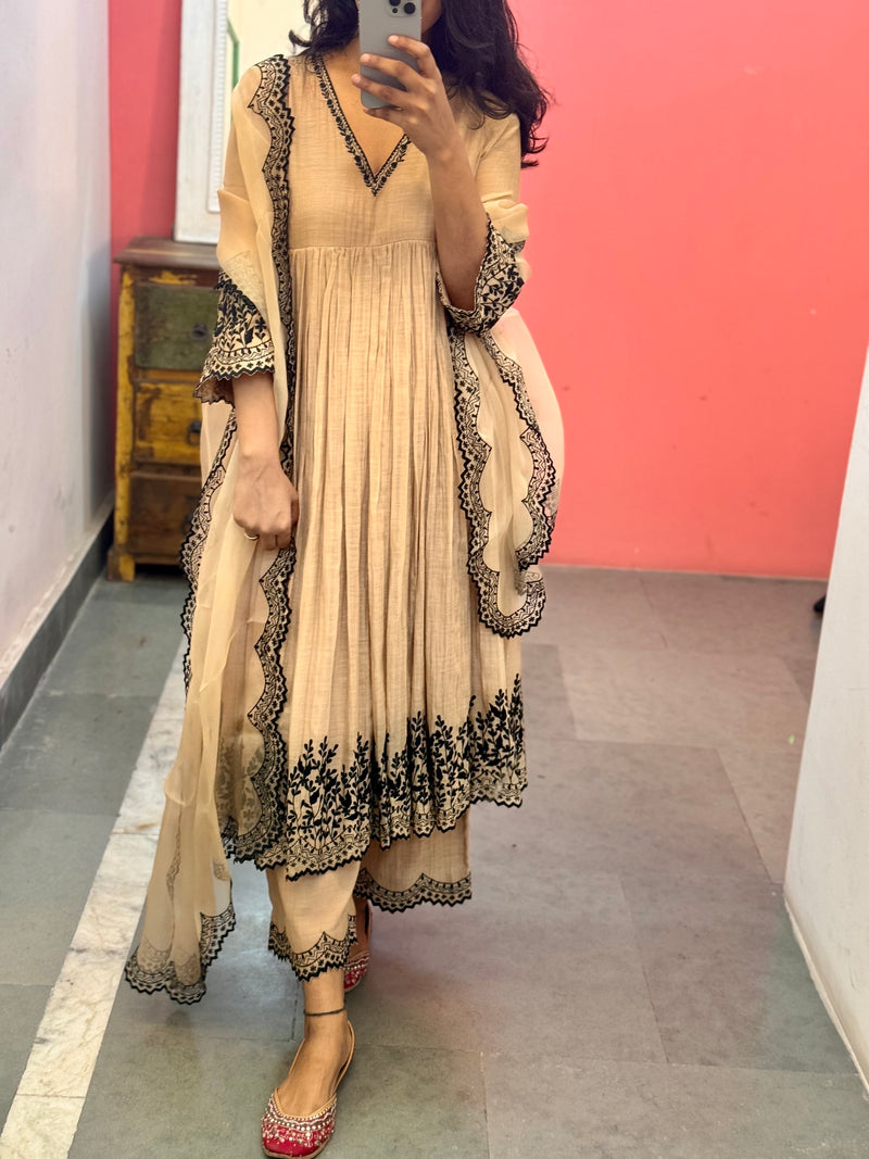Beige embroidered Anarkali set of 3