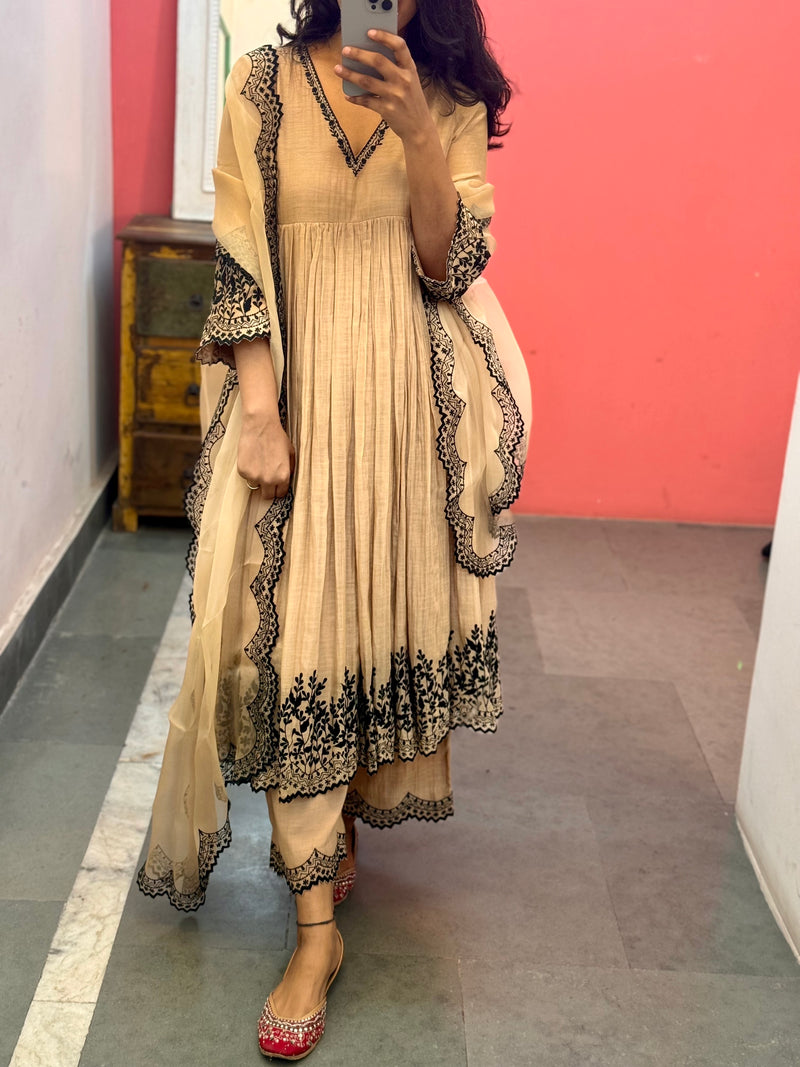 Beige embroidered Anarkali set of 3