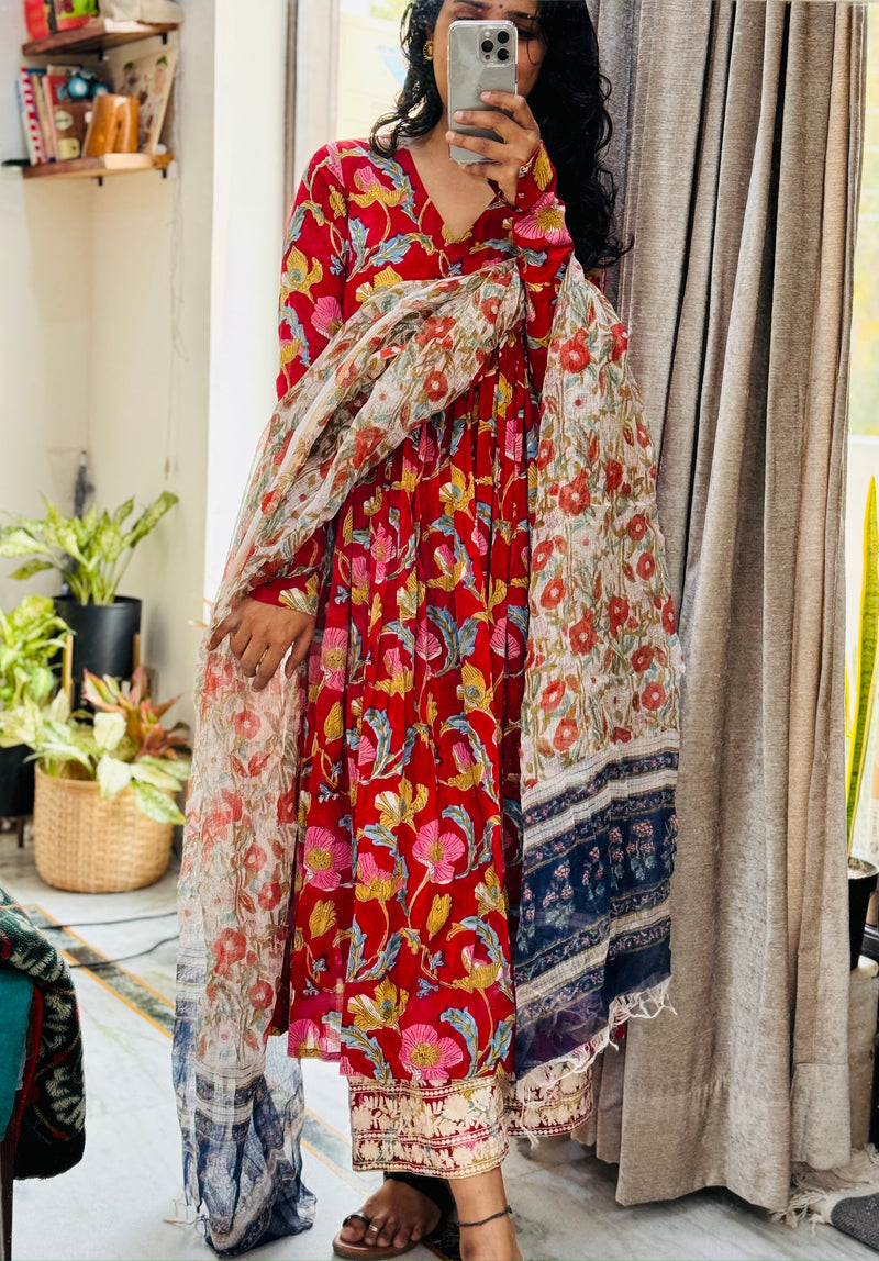 Bright Red Anarkali With Full Sleeves Set of 3