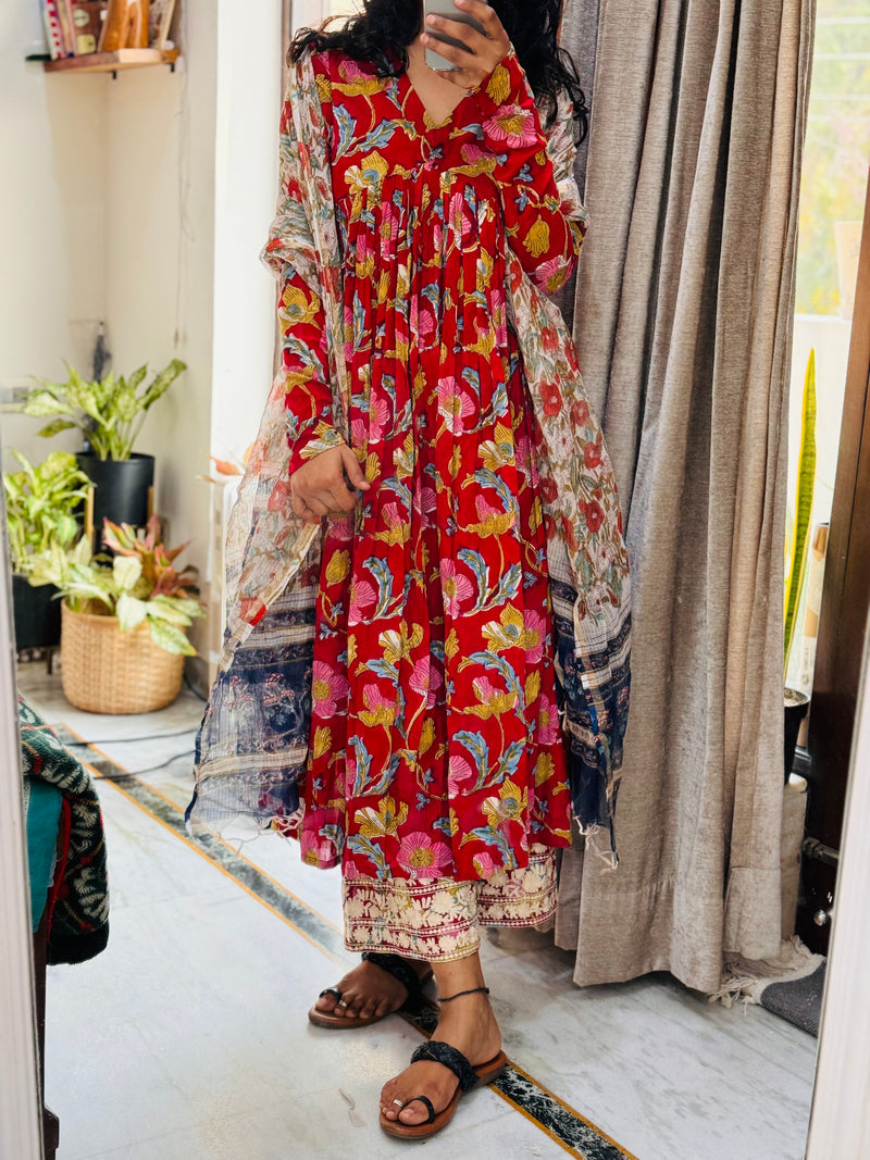 Bright Red Anarkali With Full Sleeves Set of 3
