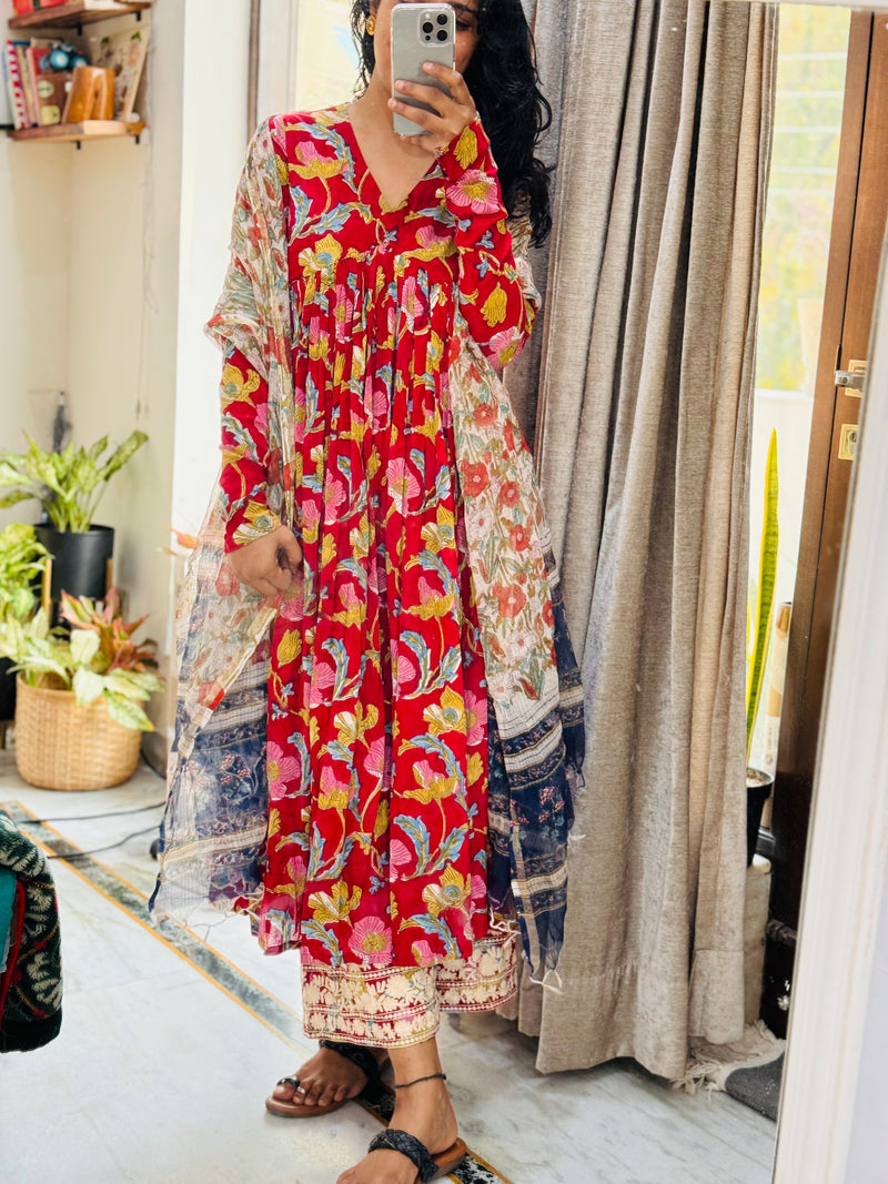 Bright Red Anarkali With Full Sleeves Set of 3