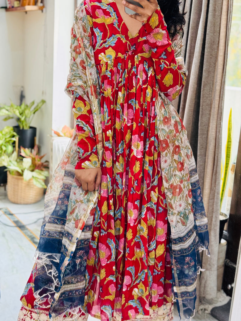 Bright Red Anarkali With Full Sleeves Set of 3