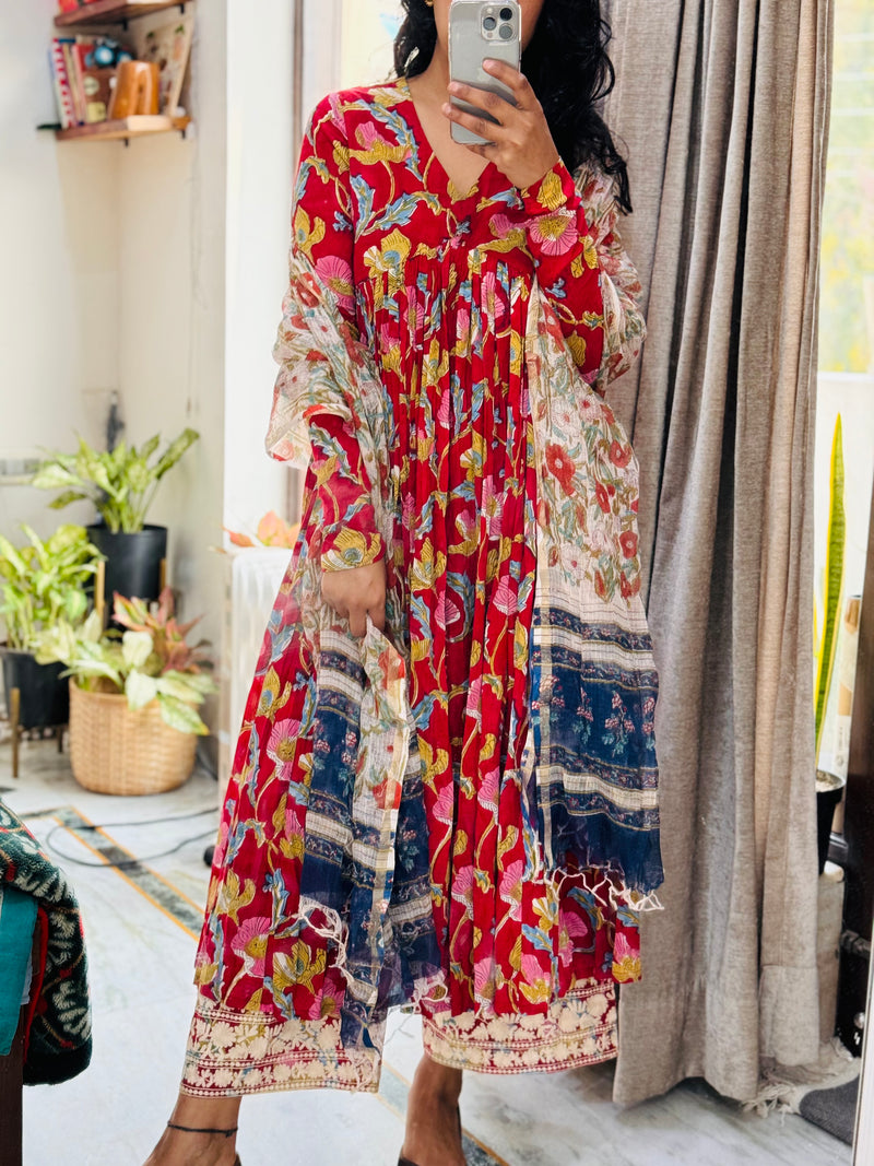 Bright Red Anarkali With Full Sleeves Set of 3