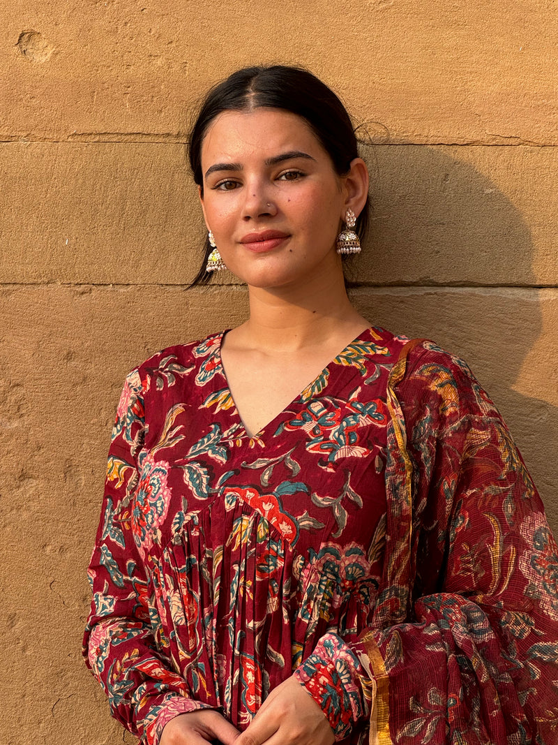 Maroon Block printed Anarkali With Full Sleeves Set of 3