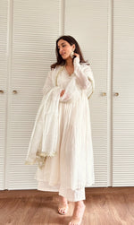 Off white Mul Chanderi anarkali with churi sleeves Set of 3