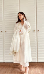 Off white Mul Chanderi anarkali with churi sleeves Set of 3