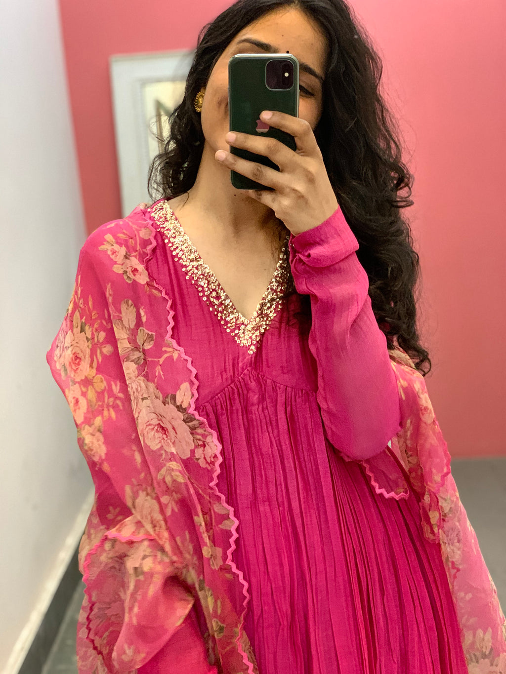 Pink Mul Chanderi anarkali with churi sleeves Set of 3