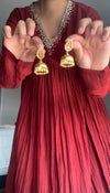Deep Red Mul Chanderi anarkali with churi sleeves Set of 3