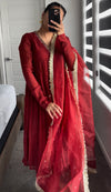 Deep Red Mul Chanderi anarkali with churi sleeves Set of 3