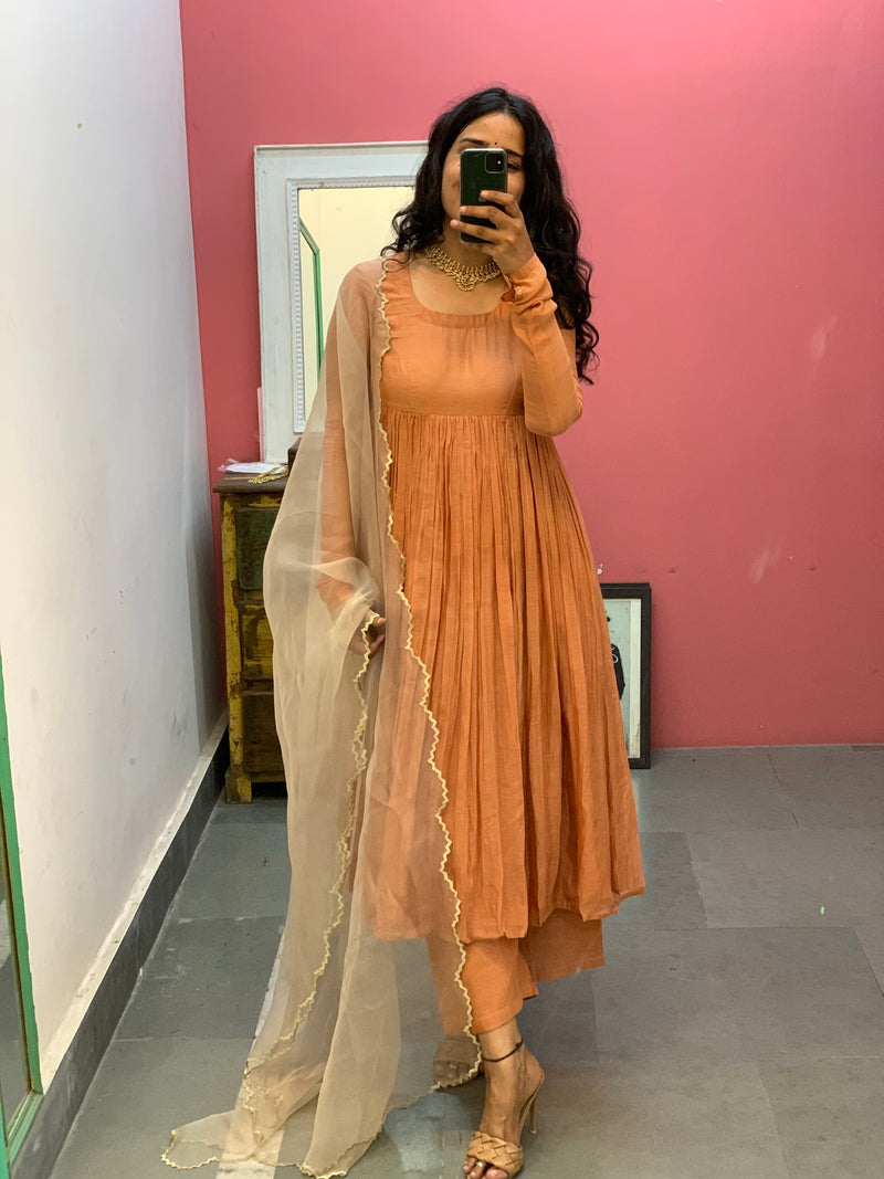 Pastel Orange Anarkali Mul Chanderi anarkali with churi sleeves Set of 3