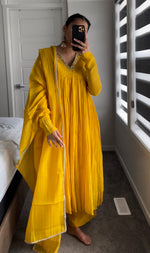Yellow Mul Chanderi anarkali with churi sleeves Set of 3