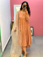 Pastel Orange Anarkali Mul Chanderi anarkali with churi sleeves Set of 3