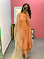 Pastel Orange Anarkali Mul Chanderi anarkali with churi sleeves Set of 3