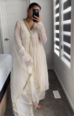 Off white Mul Chanderi anarkali with churi sleeves Set of 3