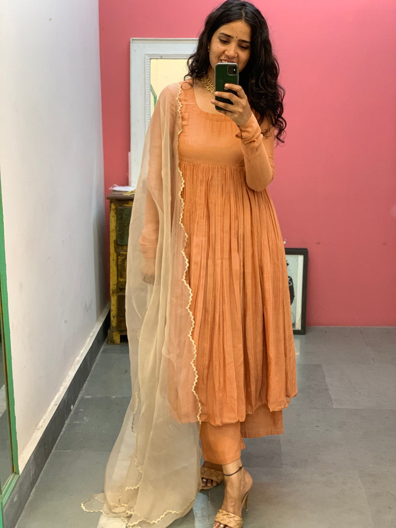 Pastel Orange Anarkali Mul Chanderi anarkali with churi sleeves Set of 3