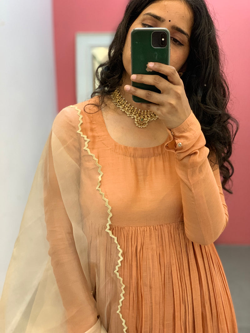 Pastel Orange Anarkali Mul Chanderi anarkali with churi sleeves Set of 3