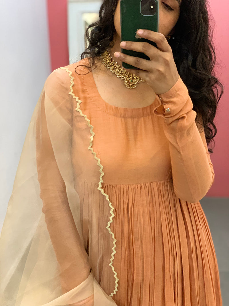 Pastel Orange Anarkali Mul Chanderi anarkali with churi sleeves Set of 3