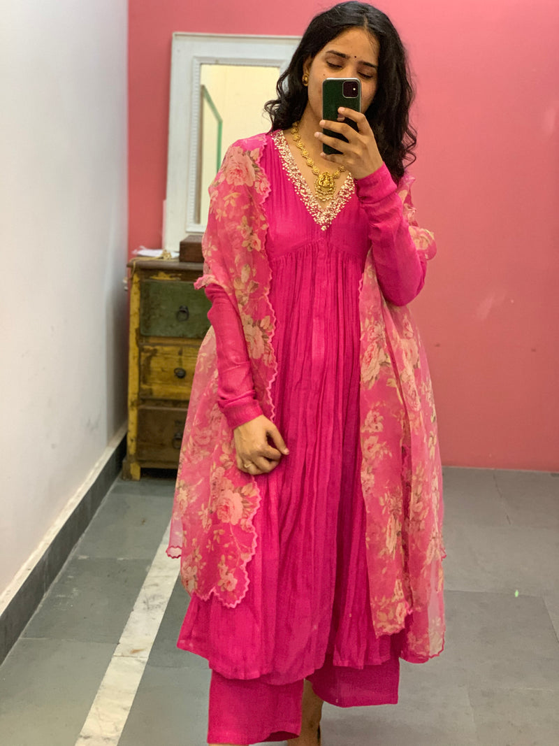 Pink Mul Chanderi anarkali with churi sleeves Set of 3