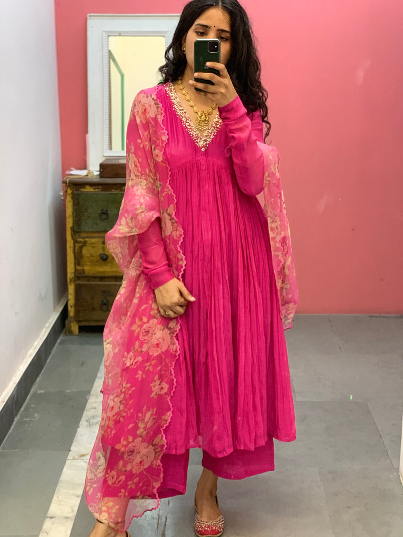 Pink Mul Chanderi anarkali with churi sleeves Set of 3