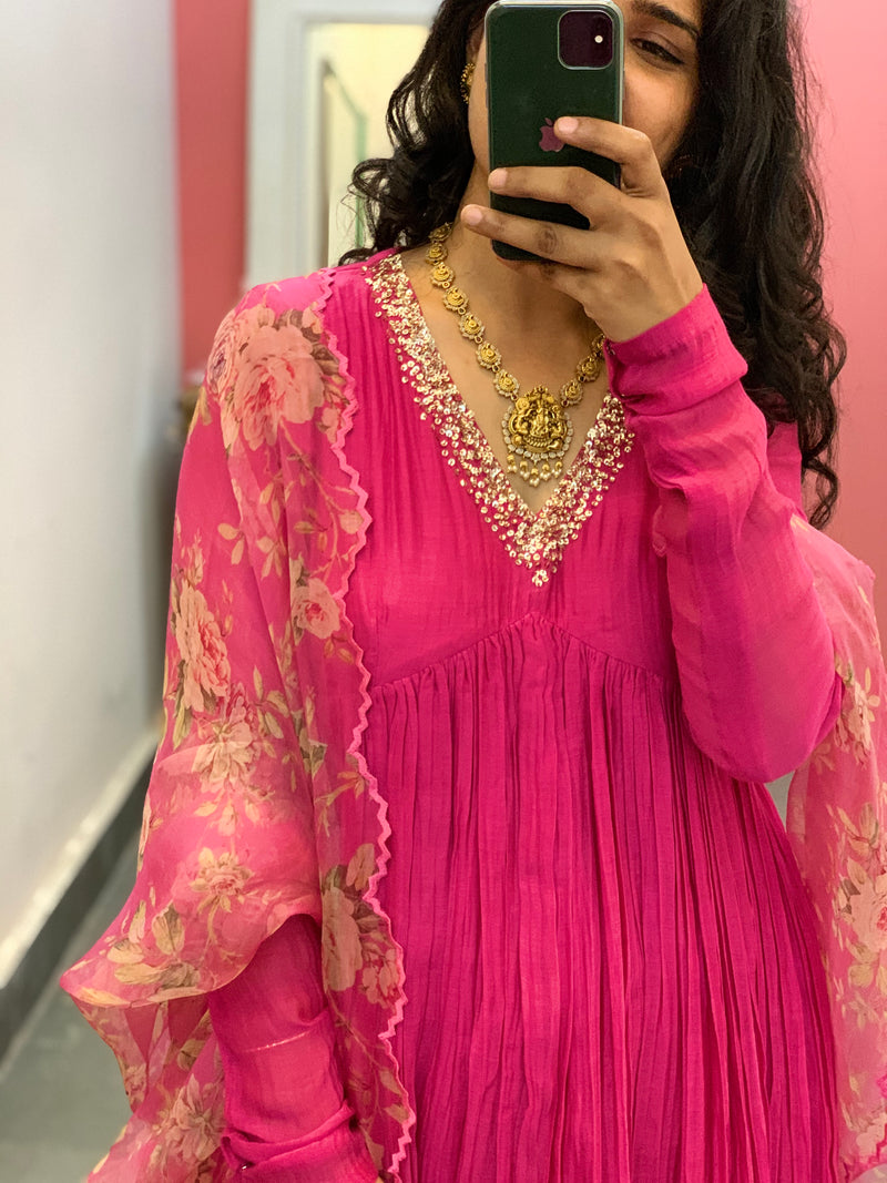 Pink Mul Chanderi anarkali with churi sleeves Set of 3