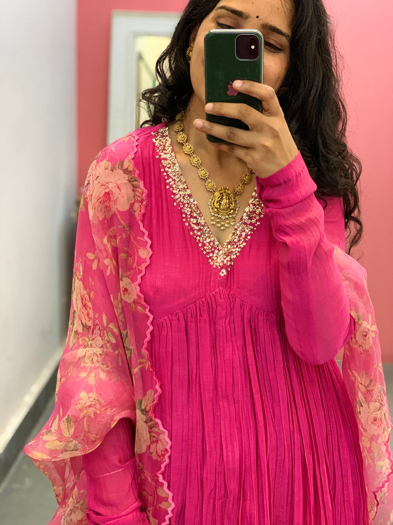 Pink Mul Chanderi anarkali with churi sleeves Set of 3
