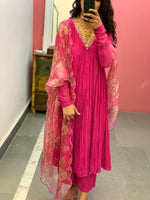 Pink Mul Chanderi anarkali with churi sleeves Set of 3