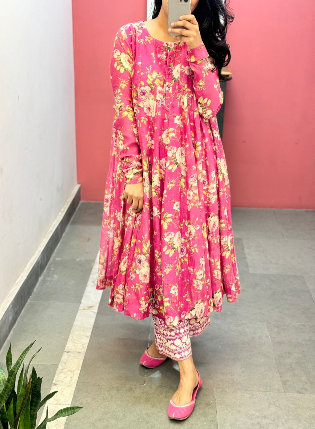 Pink printed chanderi Anarkali set of 2